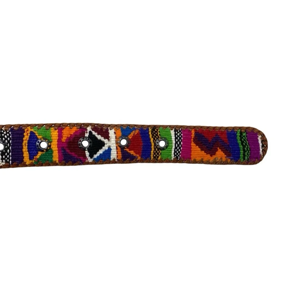 Vibrant Multicolor South Western Aztec Baja Style Belt Woven Leather Trim Sz 30